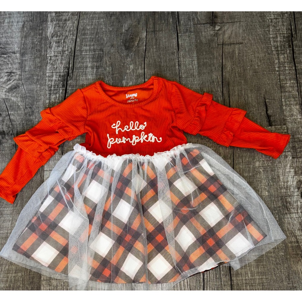 Young Hearts Girls 2T Hello Pumpkin Orange Plaid Tulle Ruffle Dress Halloween